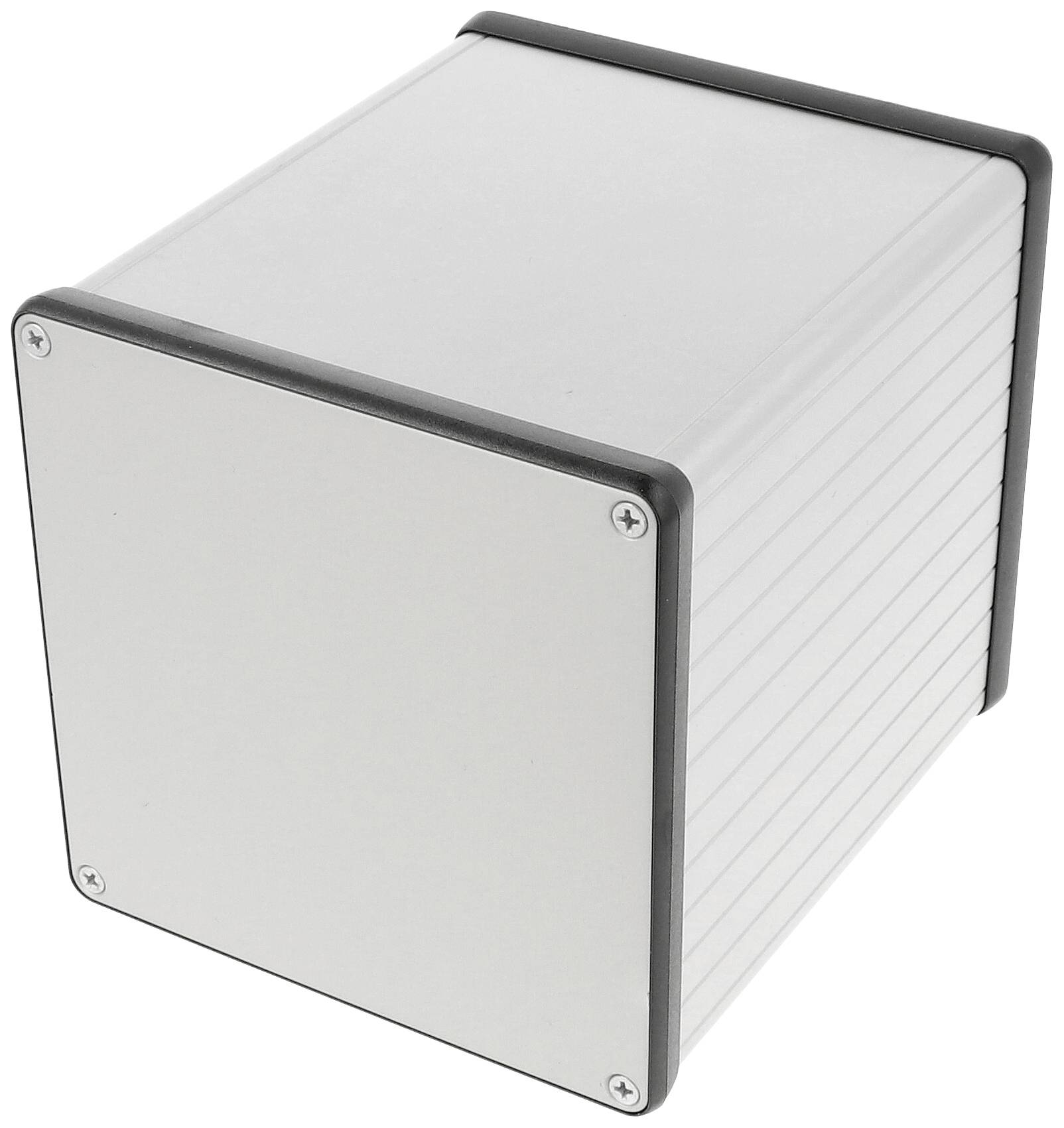 Metallische Würfelbox mit verschraubtem Deckel und abgerundeten Ecken. Ideal zur Aufbewahrung oder Schutz von elektronischen Geräten.