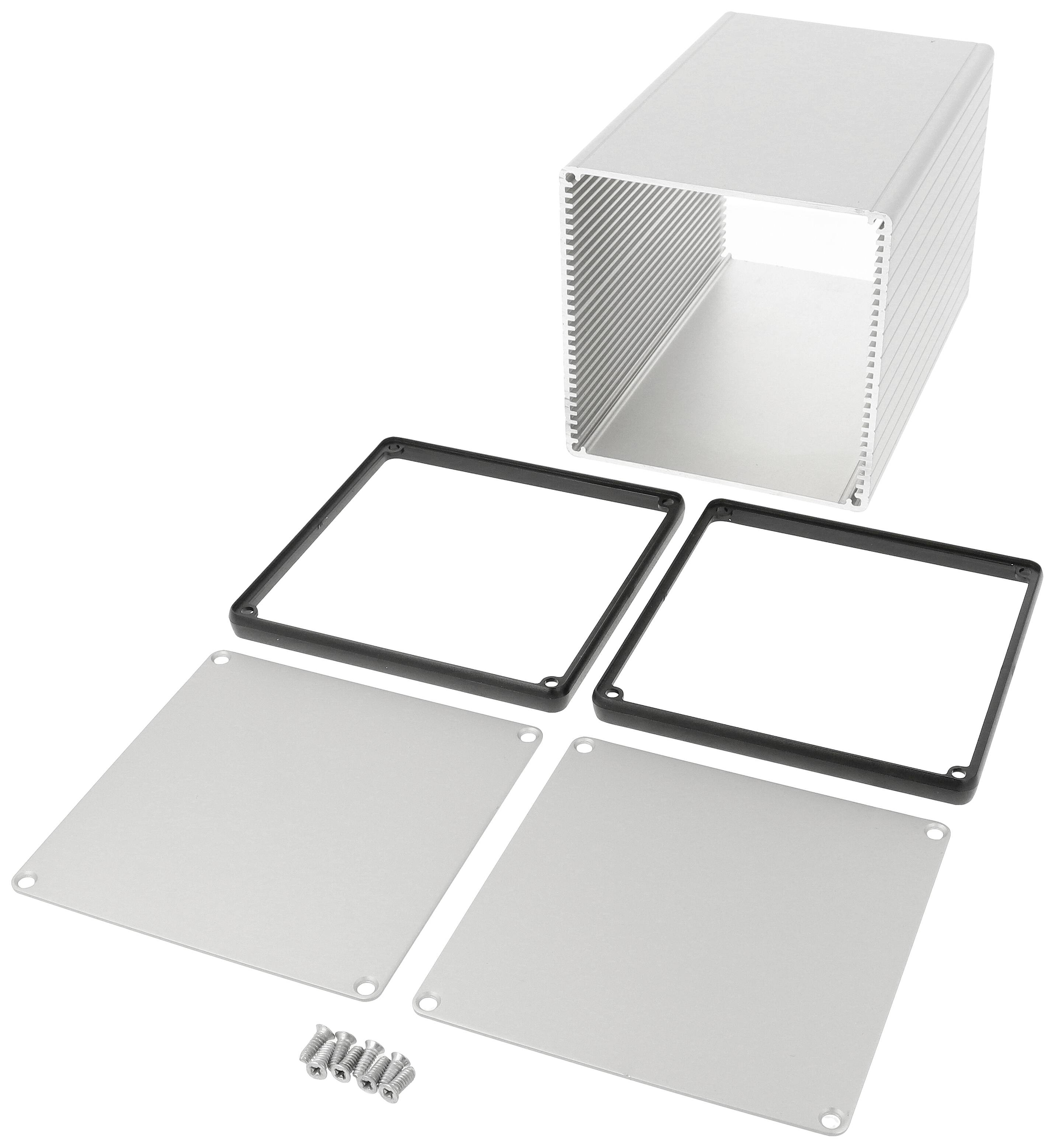 Metallisches Gehäuse-Set mit quadratischem Profil, zwei schwarzen Dichtungsringen, zwei Abdeckplatten und Schrauben.