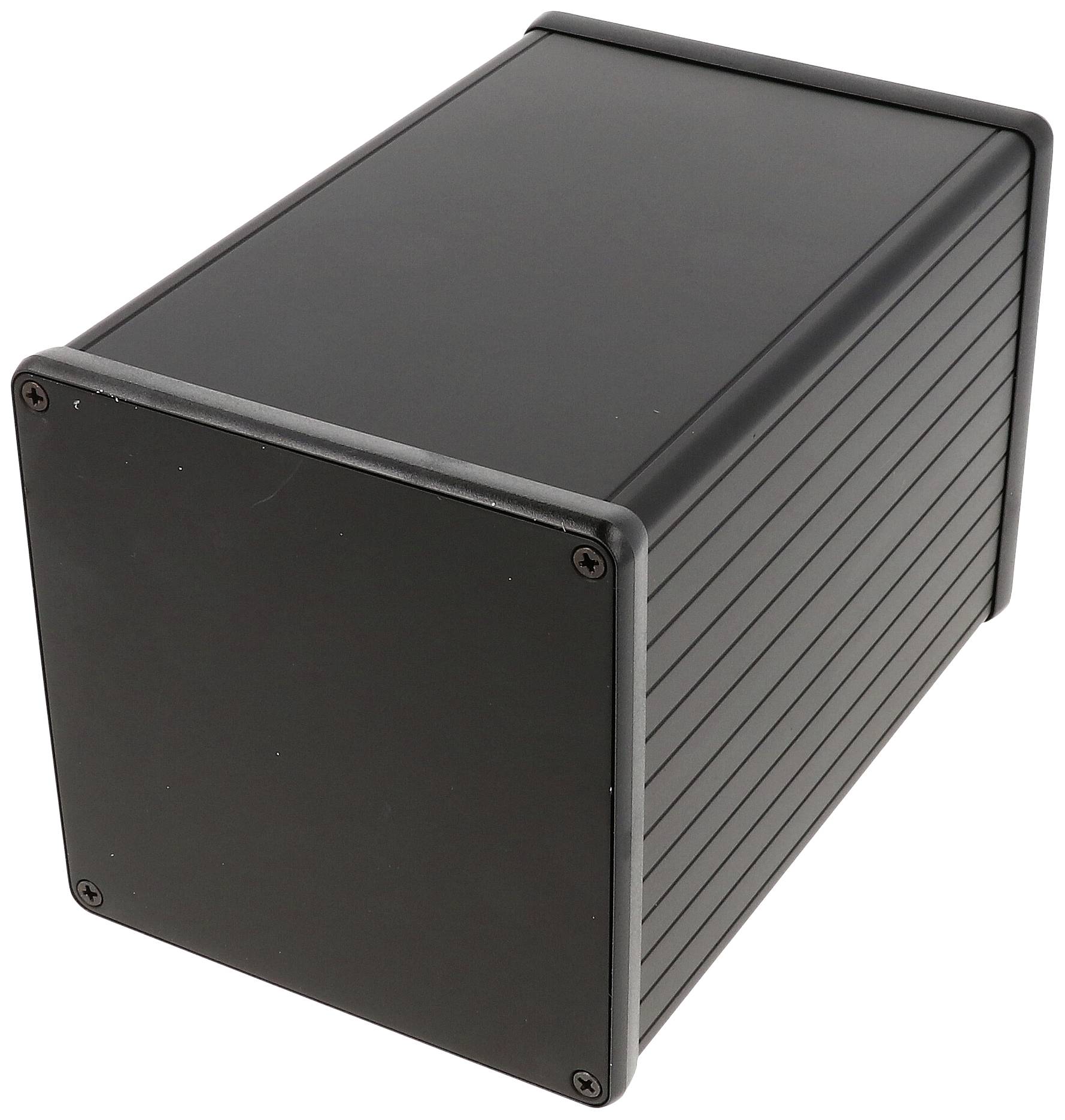 Schwarzes Metallgehäuse mit rechteckiger Form und glatter Oberfläche, möglicherweise für elektronische Geräte oder als Projektgehäuse verwendet.