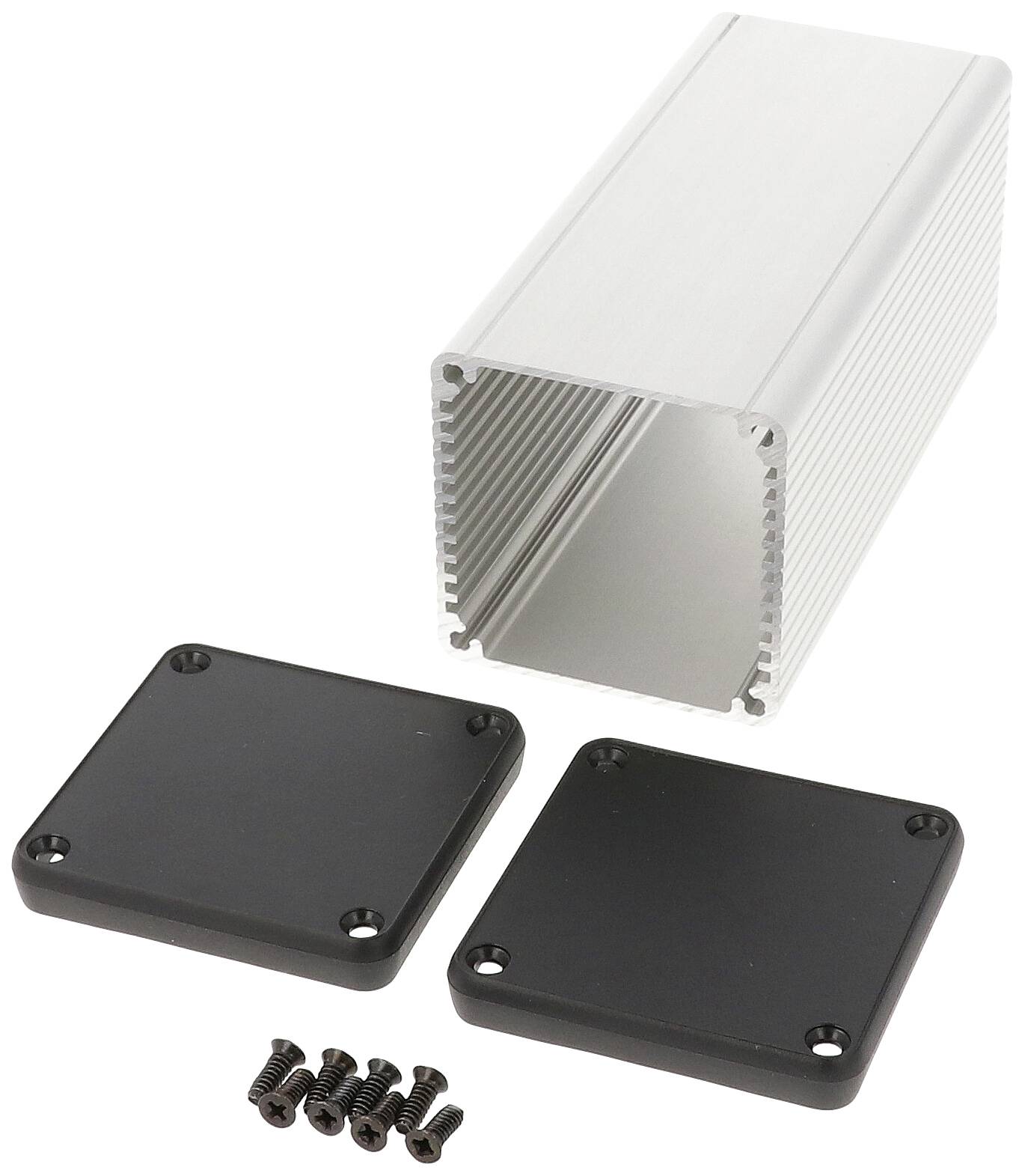 Rechteckiges Aluminiumgehäuse mit zwei abnehmbaren schwarzen Abdeckplatten und vier Schrauben, geeignet für elektronische Projekte.