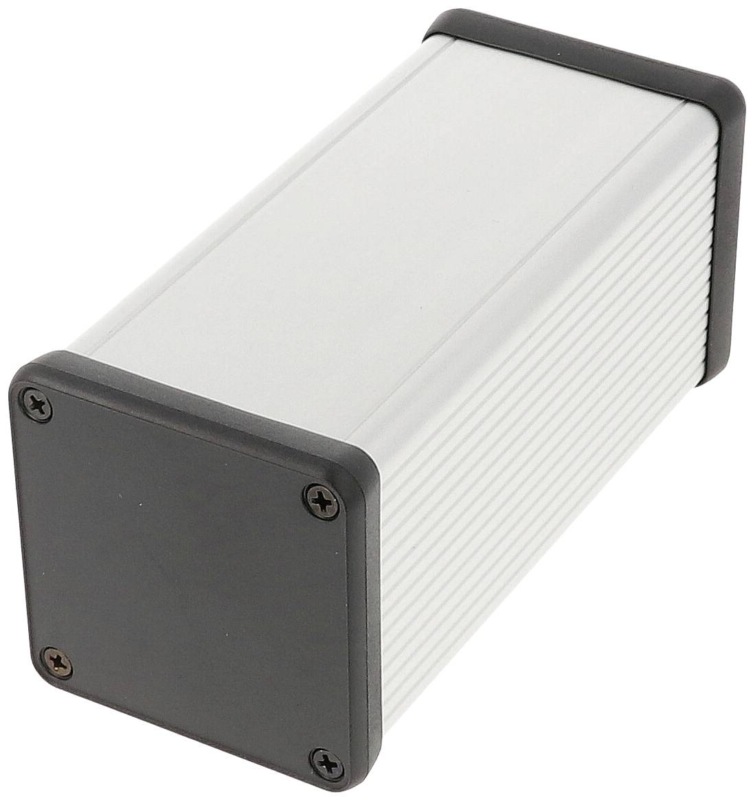 Rechteckiges, metallisches Gehäuse mit schwarzen Endkappen. Geeignet für die Elektronikunterbringung und Schutz in verschiedenen Anwendungen.