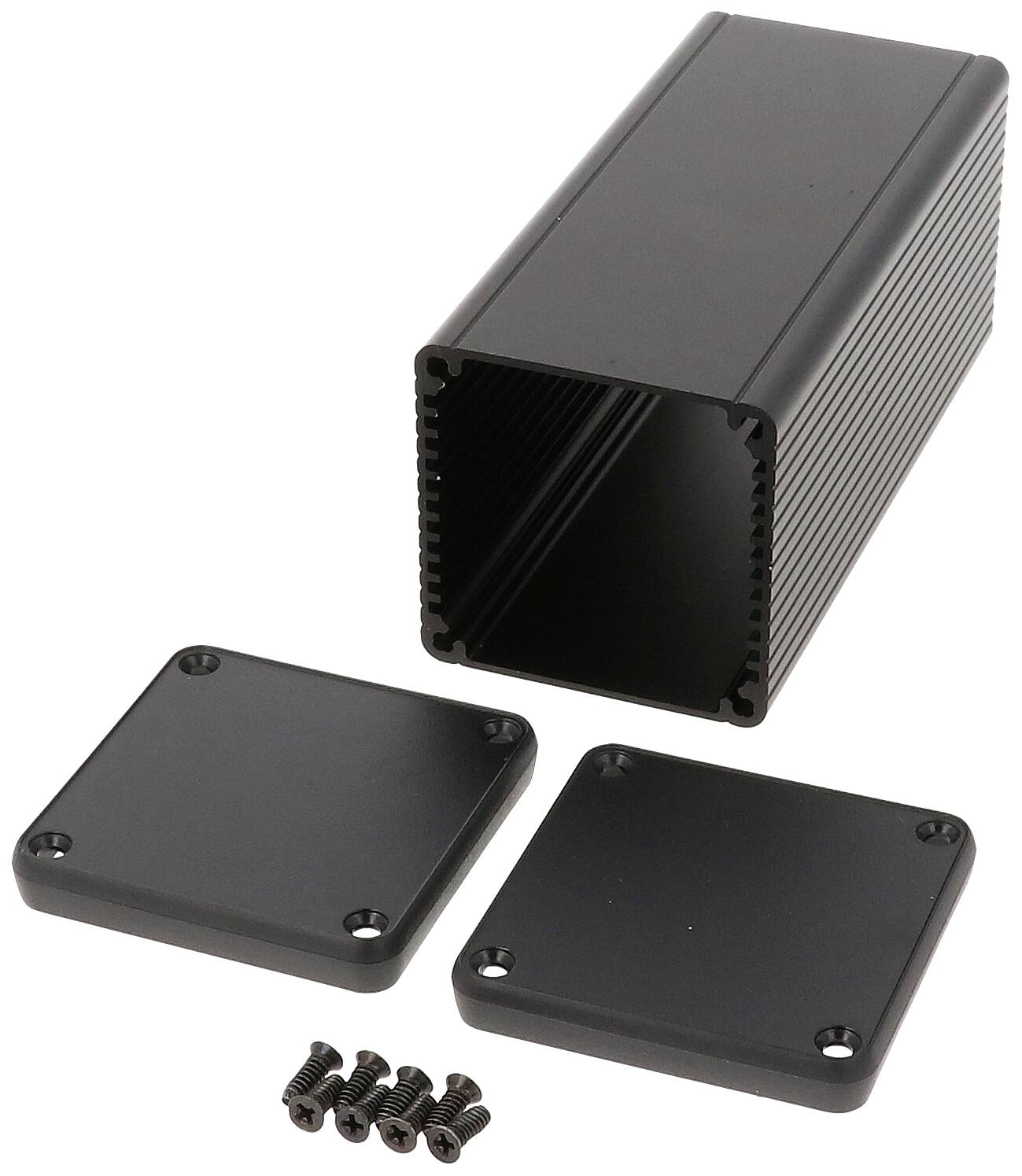 Ein rechteckiges, schwarzes Metallgehäuse mit zwei Abdeckplatten und vier Schrauben. Geeignet für elektronische Komponenten.