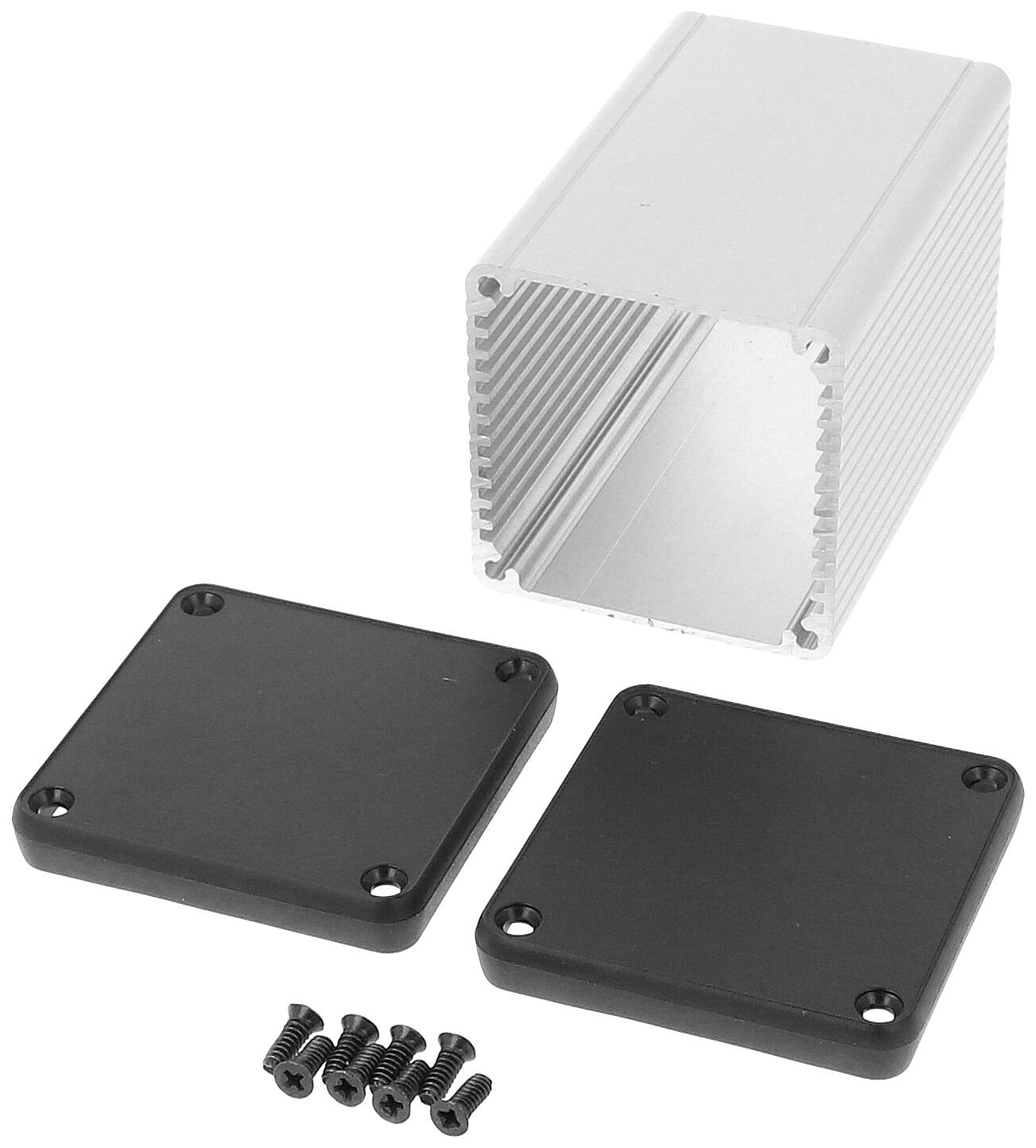Aluminium-Gehäuse mit zwei schwarzen Endplatten und Schrauben, geeignet für elektronische Projekte oder Schutzhüllen.