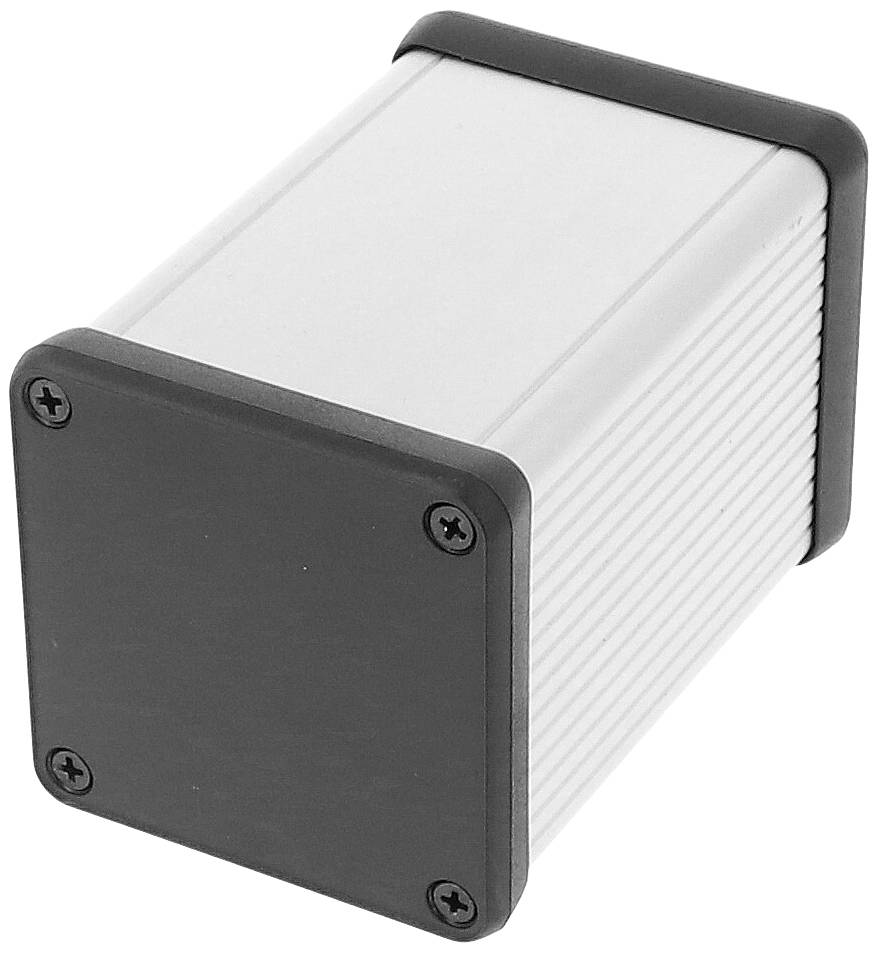 Metallgehäuse für Elektronik, rechteckig, mit abgerundeten Ecken und Schraubverschlüssen an einer Seite.