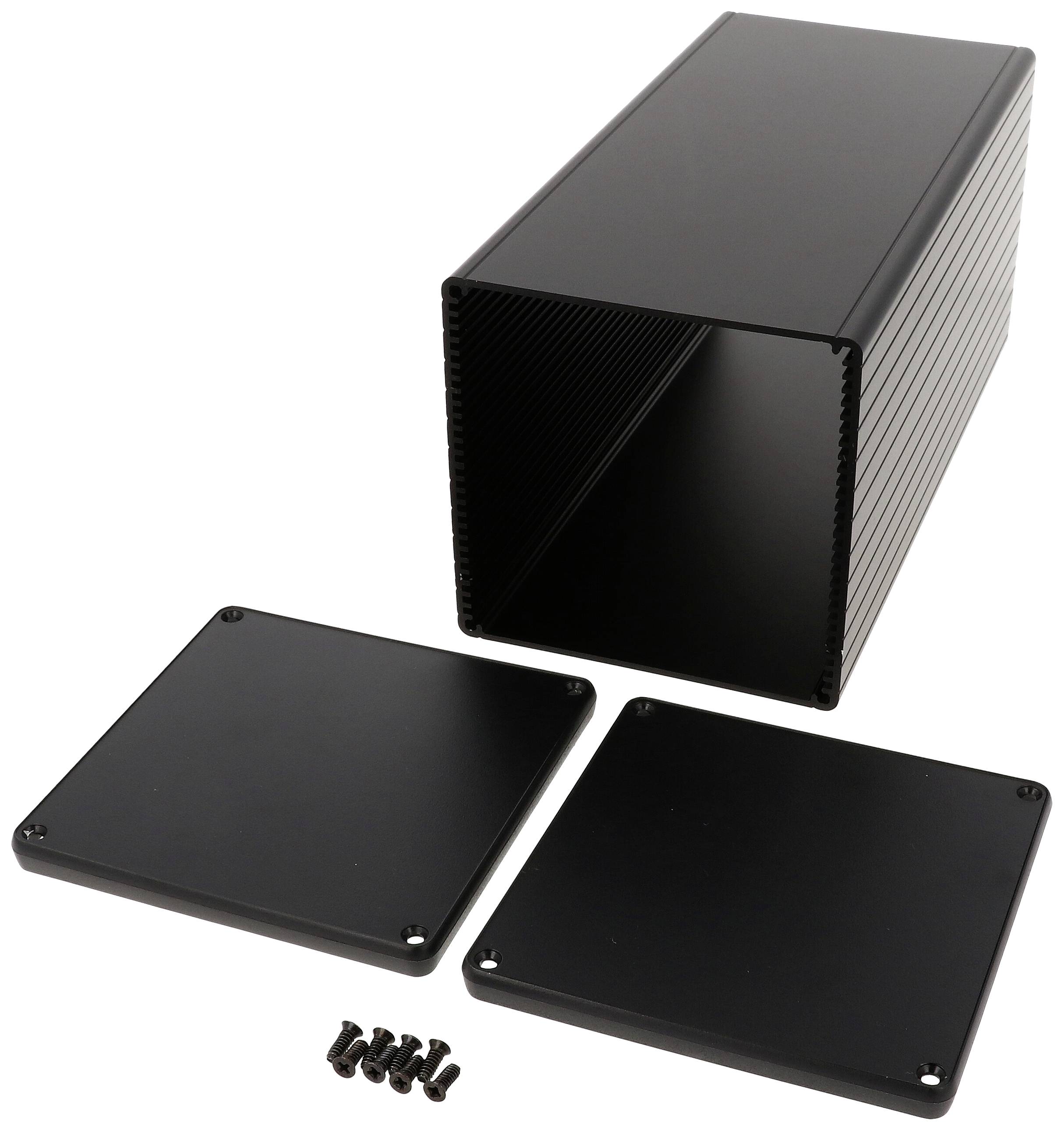 Schwarzes Aluminiumgehäuse mit abnehmbaren Front- und Rückplatten sowie beiliegenden Schrauben zur Montage.