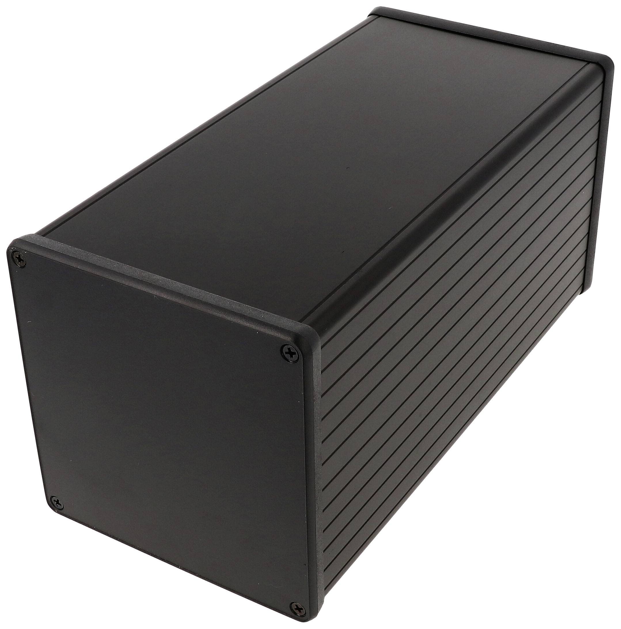 Ein rechteckiges schwarzes Gehäuse, möglicherweise für elektronische Geräte, mit Schrauben an den Ecken der Vorderseite.
