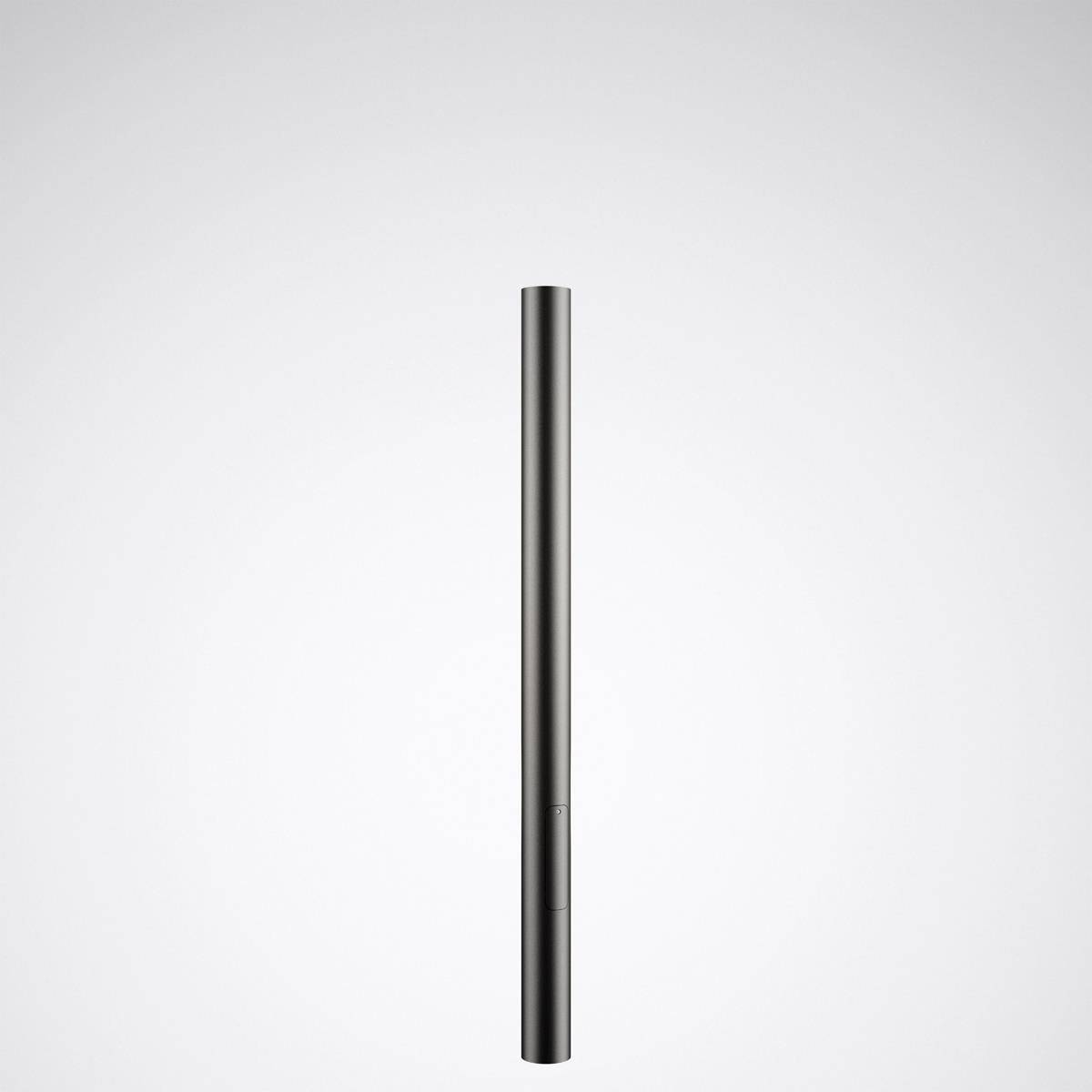 Ein schwarzes, schlankes Stabmikrofon vor einem hellgrauen Hintergrund, vertikal ausgerichtet.