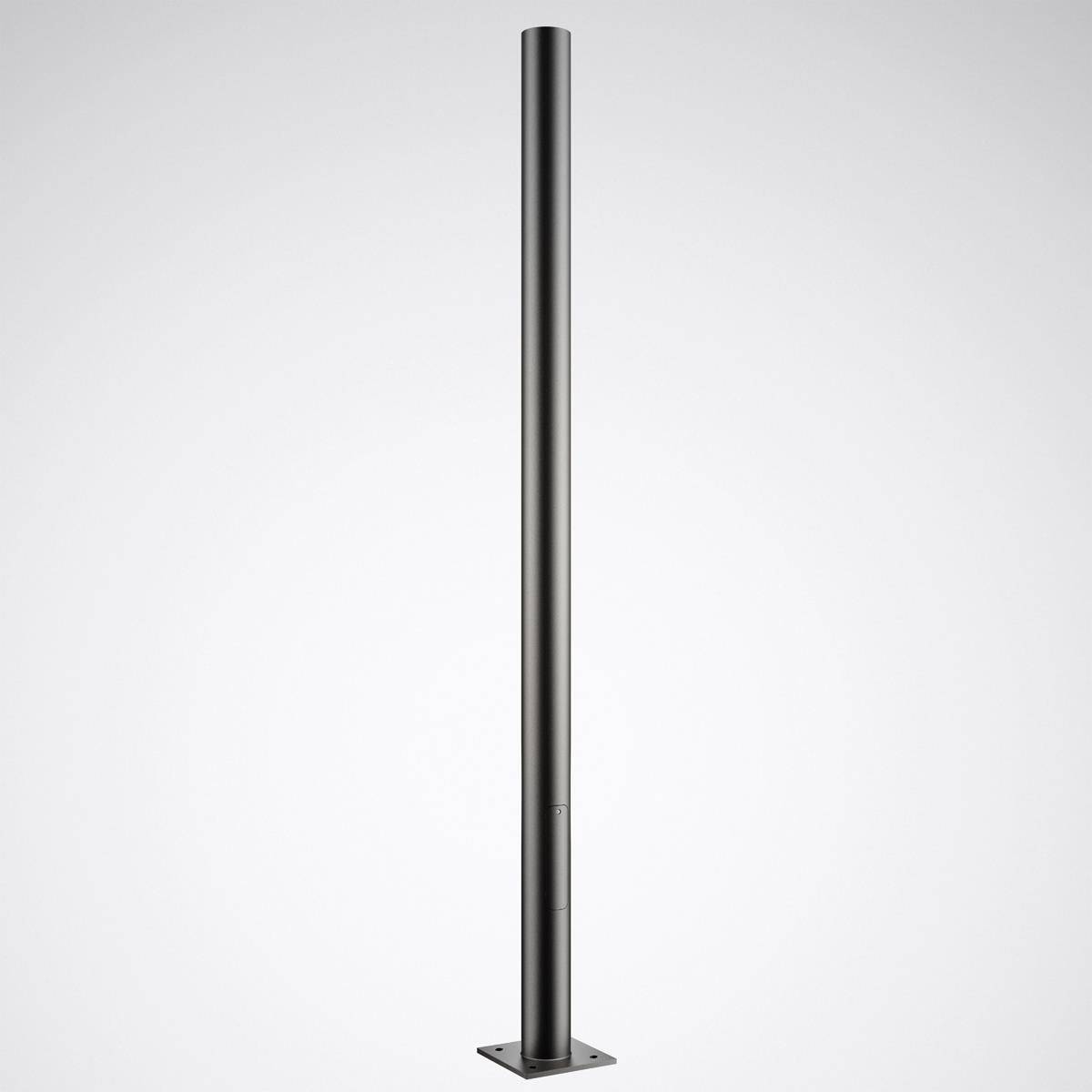 Ein schlichter, dunkler, zylindrischer Metallpfosten steht auf einer rechteckigen Basis vor einem neutralen Hintergrund.