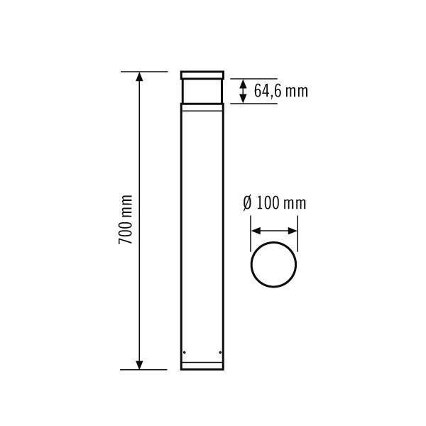 Zeichnung eines zylindrischen Rohrs mit einem Durchmesser von 100 mm und einer Länge von 700 mm. Der obere Teil ist 64,6 mm hoch.