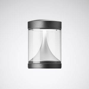 Eine moderne, zylindrische Wandleuchte mit transparentem Glas und dunklem Metallrahmen. Die Innenstruktur hat eine geschwungene Form.