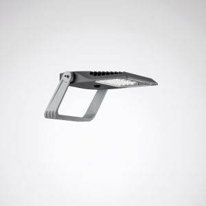 Schwarz-graue LED-Lampe mit modernem Design, an einem verstellbaren Arm montiert, vor grauem Hintergrund. Ideal für Büros oder Außenbereiche.