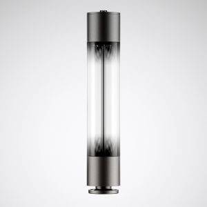 Eine röhrenförmige Lampe mit metallischen Enden und einem transparenten Mittelteil vor grauem Hintergrund.