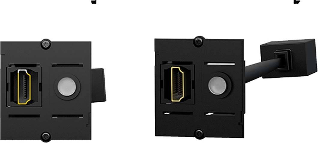 Zwei schwarze Panelanschlüsse für HDMI-Kabel, die nebeneinander angeordnet sind. Der linke Anschluss ist ohne Kabel, der rechte mit eingestecktem Kabel.