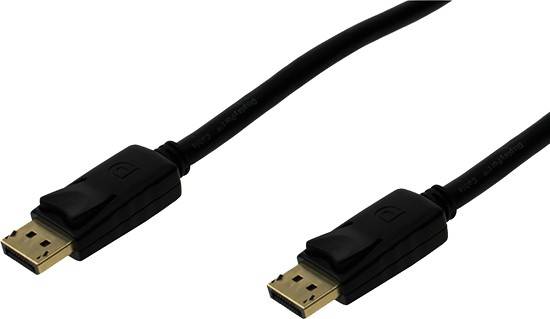 Ein schwarzes DisplayPort-Kabel mit zwei Steckverbindern an beiden Enden, geeignet für die Verbindung von Monitoren und Computern.
