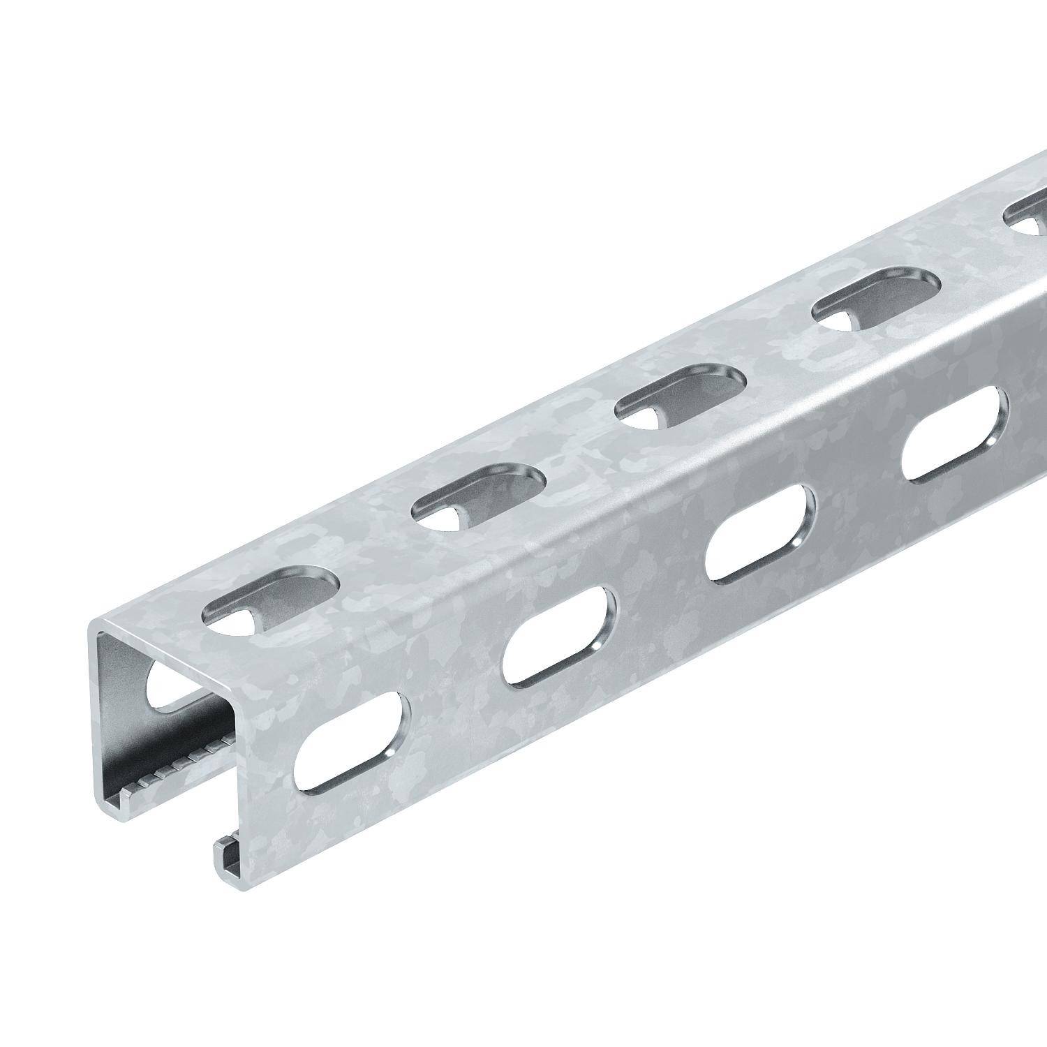 Silberne, perforierte Metallkonstruktionsträger in U-Form, häufig bei Bauprojekten zur Unterstützung von Strukturen verwendet.