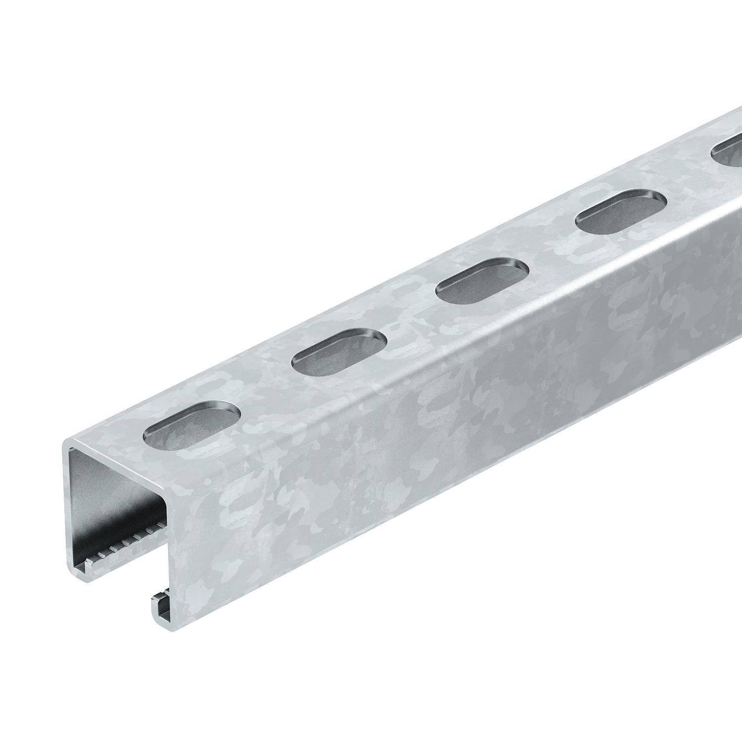 Metallschiene mit rechteckigem Querschnitt und abgerundeten Kanten, gleichmäßig verteilten Löchern, grau und verzinkt.