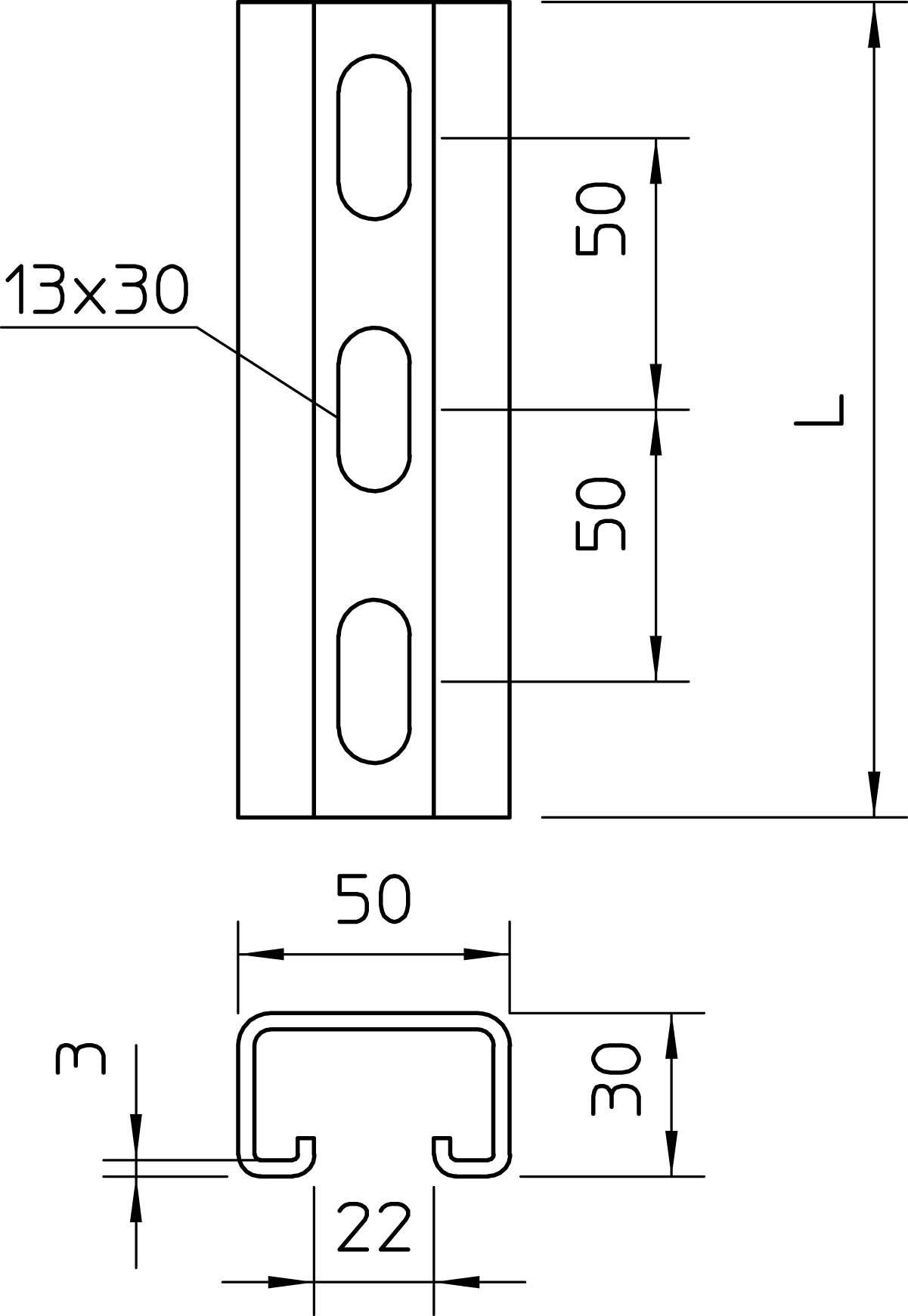 Technische Zeichnung eines U-förmigen Metallprofils. Maße: Länge L, Breite 50mm, Höhe 30mm, Lochgröße 13x30mm, Abstand zwischen den Löchern 50mm, Wandstärke 3mm.