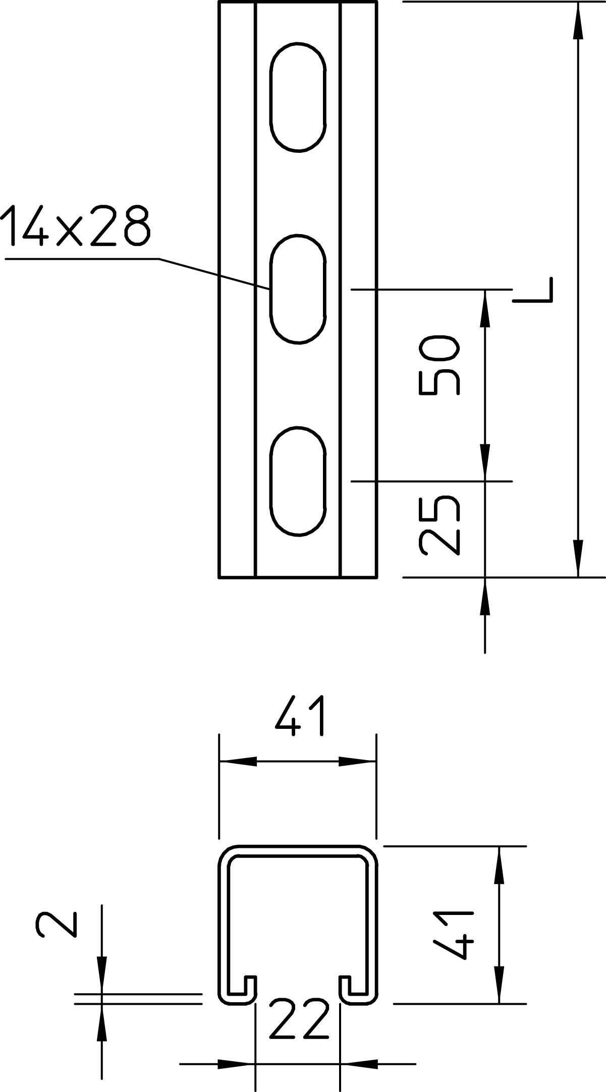 Das Diagramm zeigt eine technische Zeichnung eines U-förmigen Profilträgers mit Maßen: Bohrungen 14x28 mm, Höhe 50 mm, Breite 41 mm, Wandstärke 2 mm.