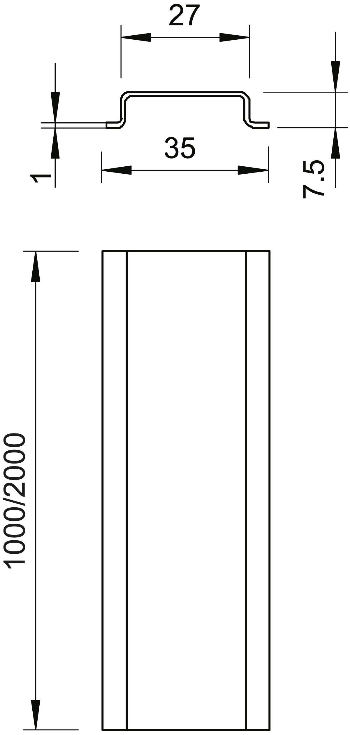 Technische Zeichnung eines C-Profils mit 35 mm Breite, 27 mm innen, 7,5 mm Höhe, Wandstärken 1 mm, Länge 1000/2000 mm.