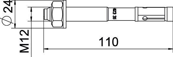 Technische Zeichnung eines Ankerbolzens: Länge 110 mm. Durchmesser: M12. Kopfgröße: 24 mm. Verwendet für Befestigungen.