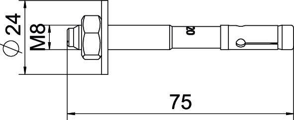 Technische Zeichnung eines Bolzens mit M8-Gewinde. Die Gesamtlänge beträgt 75 mm, der Durchmesser des Kopfes 24 mm.