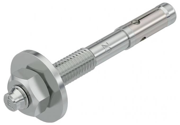 Ein Metallankerbolzen mit sechseckiger Mutter und Unterlegscheibe, entwickelt zum Befestigen schwerer Objekte an Betonoberflächen.
