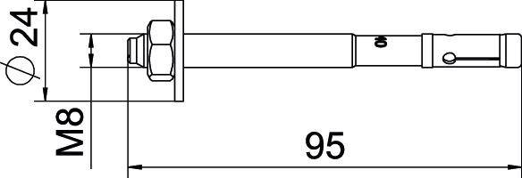 Zeichnung eines Befestigungsdübels: Gesamtlänge 95 mm, Bolzendurchmesser M8, Kopfdurchmesser 24 mm.
