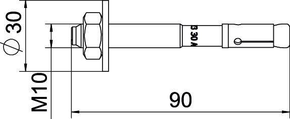 Diagramm eines Schraubenankers: M10 Gewinde, 90mm Länge, 30mm Breite. Seitenansicht mit Maßangaben.