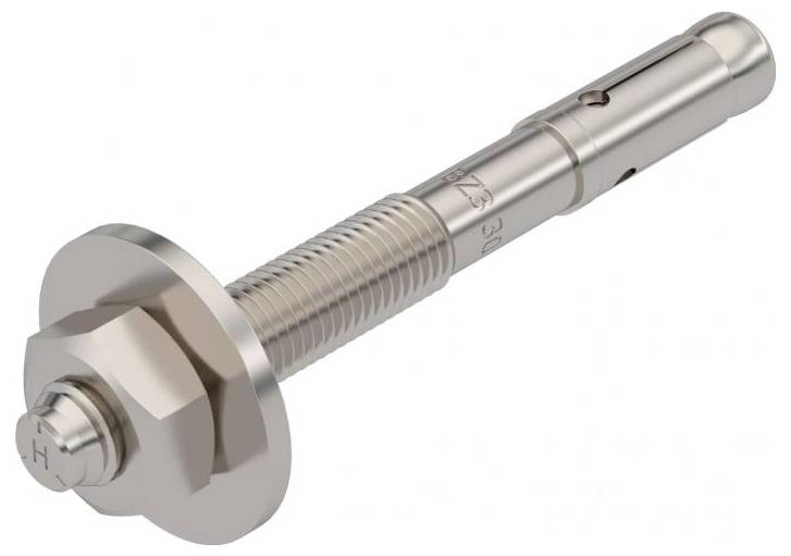 Metall-Expansionsschraube mit Sechskantmutter und Scheibe, entwickelt zum Befestigen von Objekten an Betonwänden.
