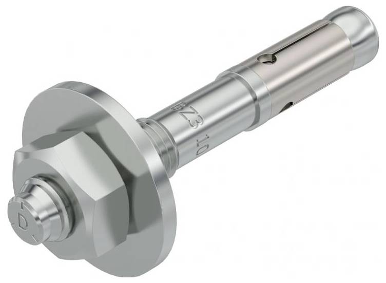 Eine Metallschraube mit sechseckigem Kopf und gewindeter zylindrischer Schaft, versehen mit einem kleinen zentralen Loch und Rillen an ihrem Körper.