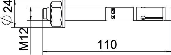 Technische Zeichnung eines Dehnschraubenankers. Maße sind M12, Länge 110 mm, mit 24 mm Durchmesser am Kopfbereich.