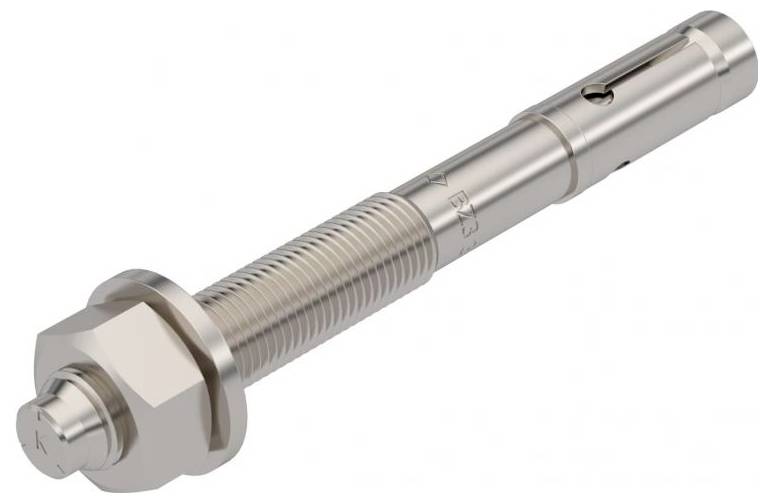 Ein Metallexpansionsbolzen mit Gewindeabschnitt und Sechskantmutter, der für eine sichere Befestigung in Bau- oder Ingenieuranwendungen konzipiert ist.
