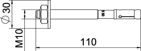 Technische Zeichnung eines Bolzens mit Sechskantmutter M10. Gesamtlänge 110 mm, Kopfdurchmesser 30 mm. Seitenansicht mit Maßen.