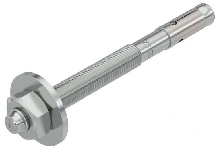 Ein Metall-Ankerbolzen mit sechskantigem Kopf, breiter Unterlegscheibe und Expansionshülse, der zum Befestigen von Objekten an Beton- oder Mauerwerksoberflächen verwendet wird.