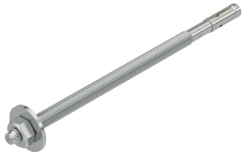 Ein Metallanker mit Gewindestange, Unterlegscheibe und Mutter, der zum Befestigen schwerer Lasten an Betonkonstruktionen entwickelt wurde.