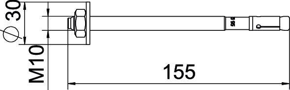 Technische Zeichnung eines Gewindestifts, Länge 155 mm, Gewinde M10, mit Muttern und Sicherung, seitliche und frontale Ansicht.