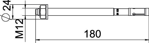 Technische Zeichnung einer Schraube mit Gewinde M12, Länge 180 mm, Kopfbreite 24 mm. Seitenansicht mit Maßangaben.