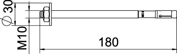Technische Zeichnung einer M10 Schraube mit einer Länge von 180 mm und 30 mm Durchmesser.