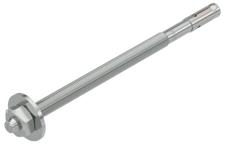 Ein metallischer Expansionsanker mit einem glatten zylindrischen Körper und einem gewindeten Ende, entwickelt zum Befestigen von Strukturen in Beton- oder Mauerwerksoberflächen.