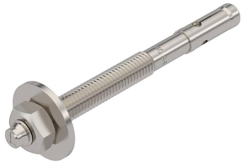 Ein Metallankerbolzen mit einem Gewindestift und sechseckiger Mutter, der zum Befestigen von Objekten an Beton- oder Mauerwerksoberflächen verwendet wird.