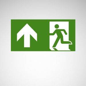 Notausgangsschild mit einem Piktogramm einer Person, die durch eine Tür läuft und einem Pfeil nach oben.