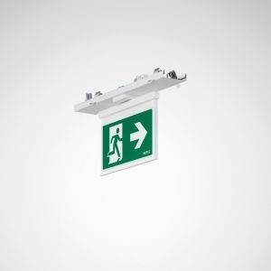 Notausgangsschild mit einem Piktogramm einer Person, die rechts durch einen Türrahmen flieht, auf grünem Hintergrund mit weißem Pfeil nach rechts.