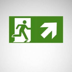 Notausgangsschild mit einer laufenden Person und einem Pfeil nach oben rechts; weist den Weg zur Flucht bei Gefahr.