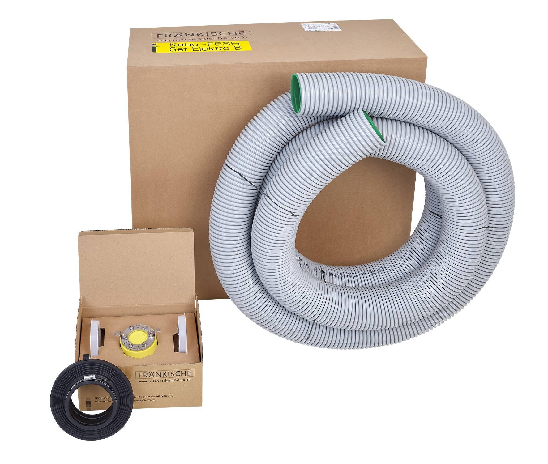 Ein Paket mit elektronischen Zubehörteilen: ein gebogener grauer Schlauch, ein kleiner Karton mit Kabelrolle und ein großer Karton.