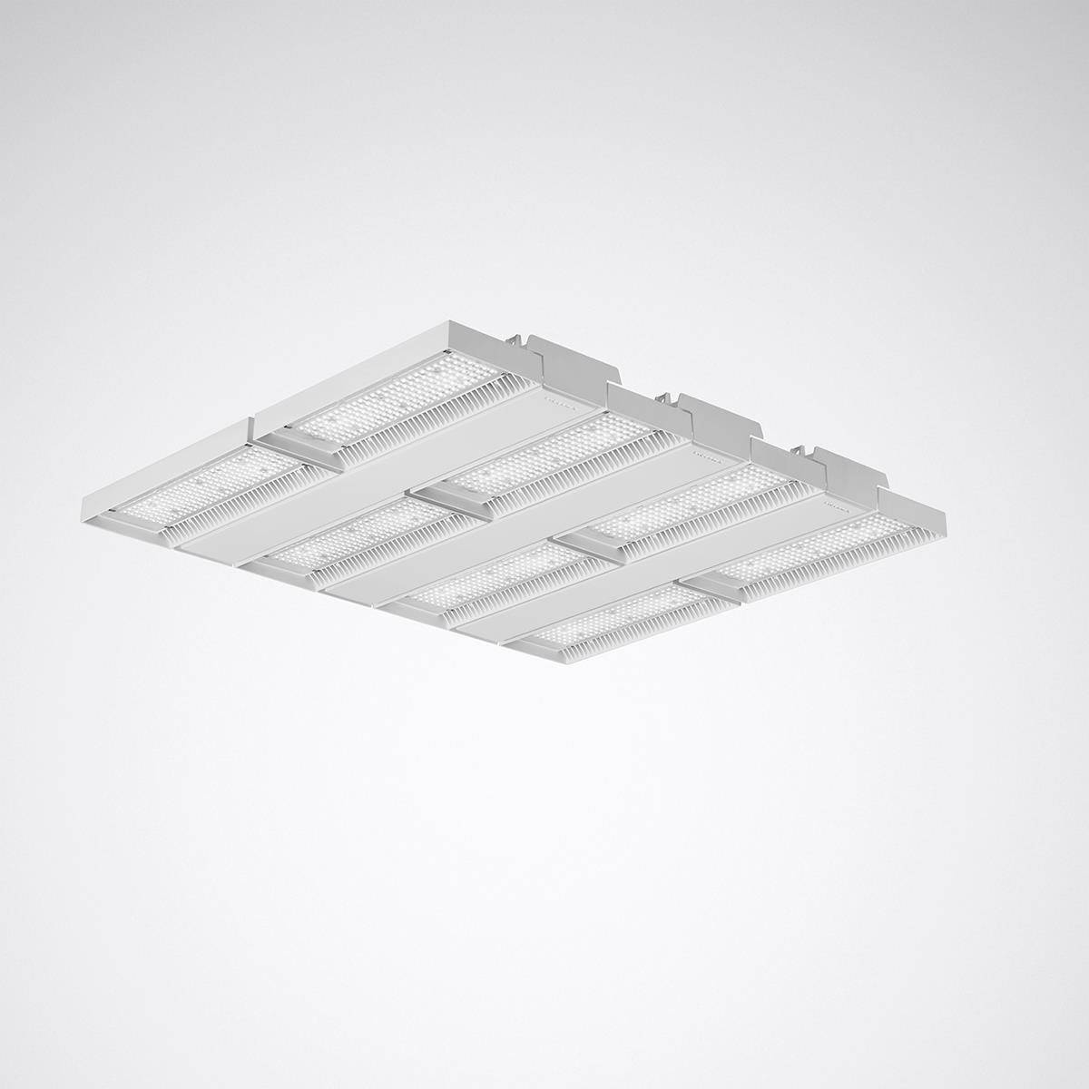 Ein rechteckiges, modernes LED-Deckenpaneel in Weiß mit sechs Lichtstreifen, geeignet für Büro- oder Wohnräume.