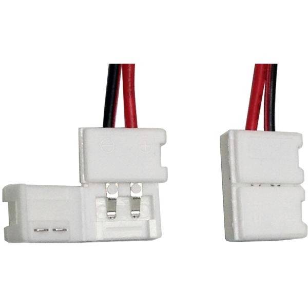 Zwei weiße Steckverbinder mit roten und schwarzen Kabeln, die für die elektrische Verbindung in elektronischen Geräten verwendet werden.