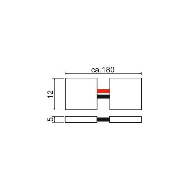 Technische Zeichnung eines rechteckigen Objekts mit zwei großen Quadraten und genauen Maßangaben: 180 Breite, 12 Höhe, 5 Dicke.