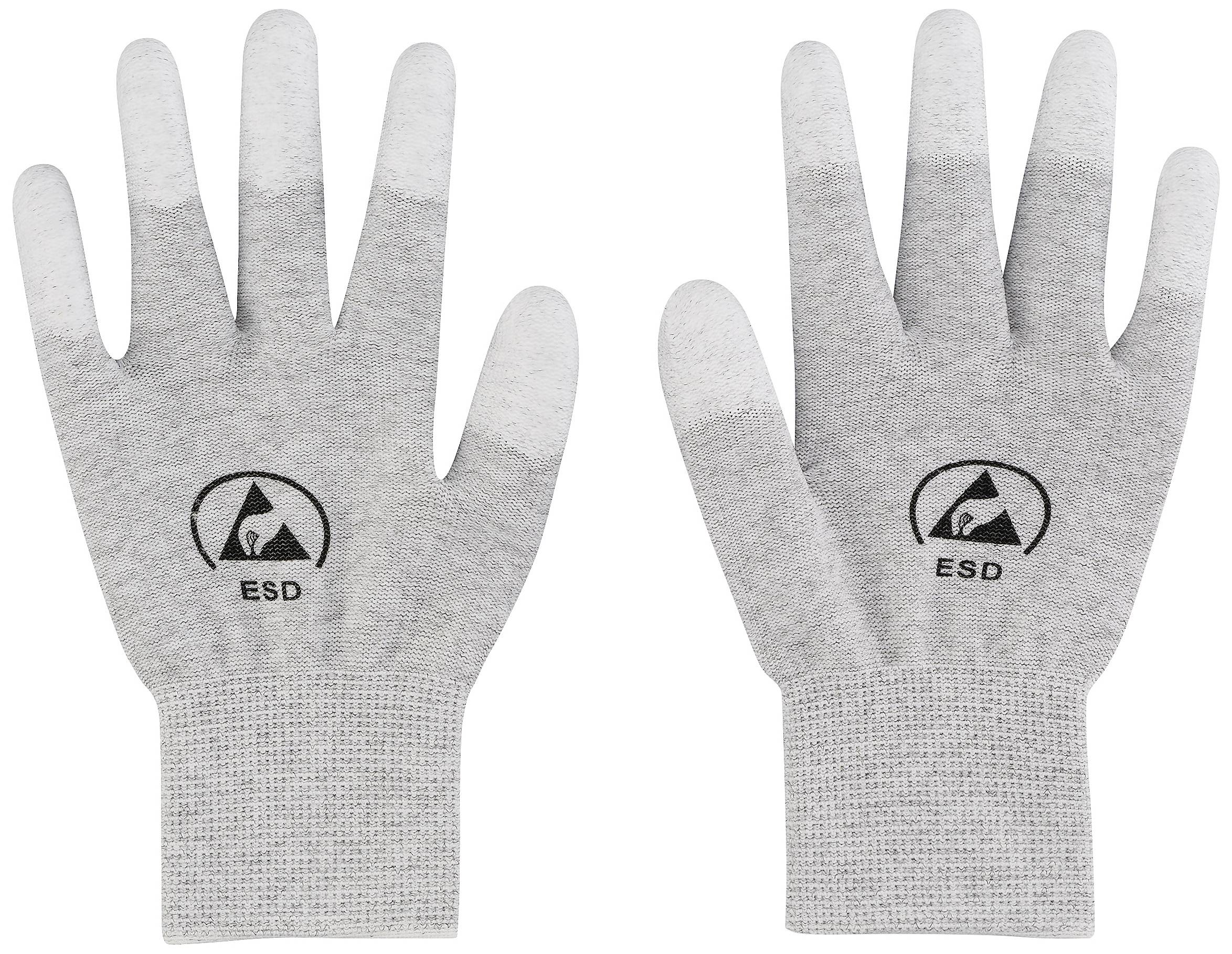 Zwei graue ESD-Handschuhe mit Logo und Schriftzug 'ESD'. Sie sind für den Schutz vor elektrostatischer Entladung konzipiert.