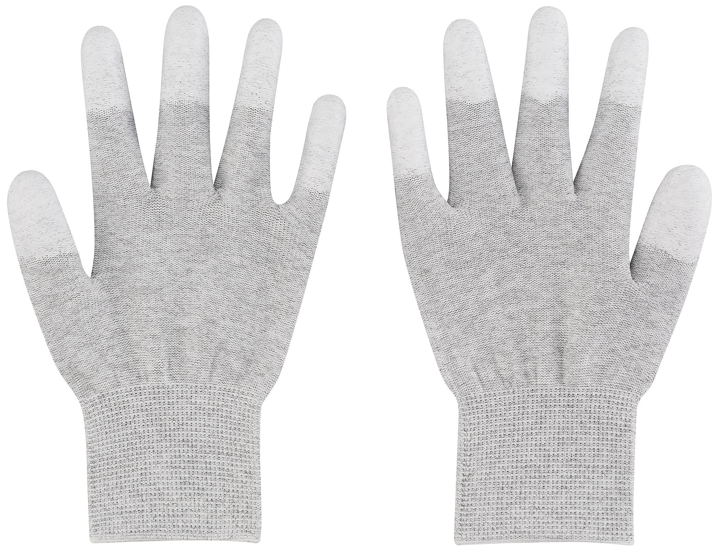 Zwei graue Handschuhe mit verstärkten Fingerspitzen liegen nebeneinander.