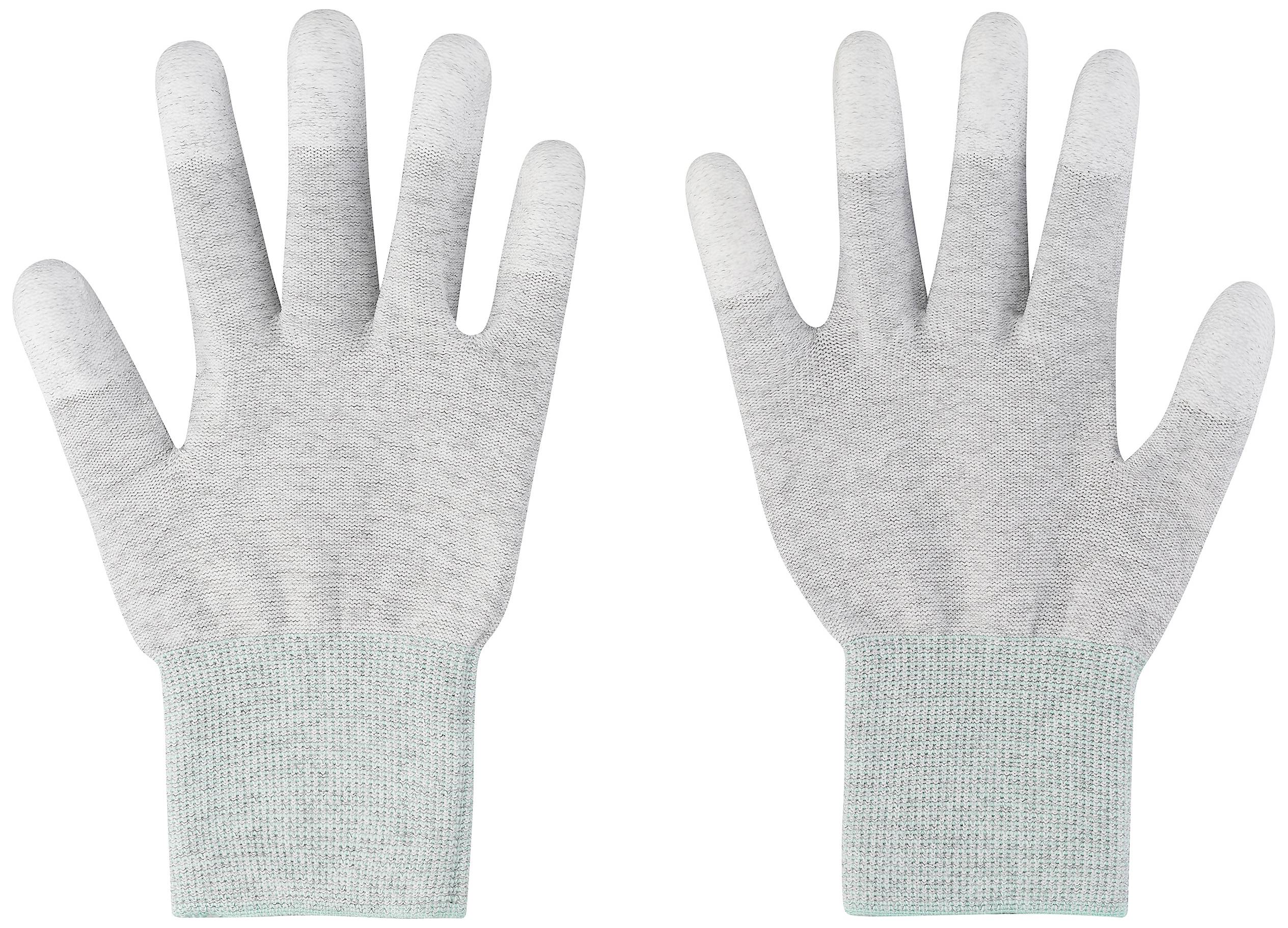 Zwei graue Handschuhe mit weißer Fingerspitze und grünem Bündchen liegen nebeneinander. Sie sind für präzise Arbeiten geeignet.